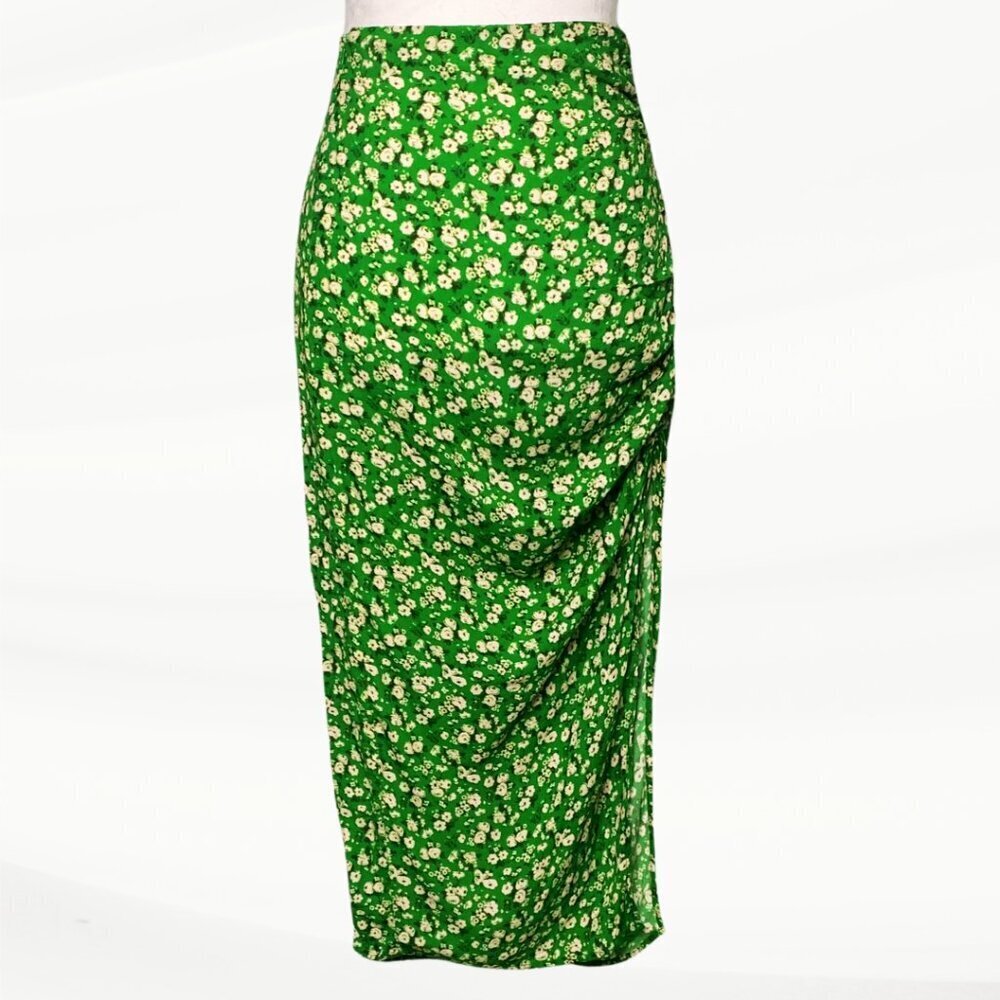 Zara Long, Green, Ruched, Ditsy Floral Skirt with Side Slit, Size XS